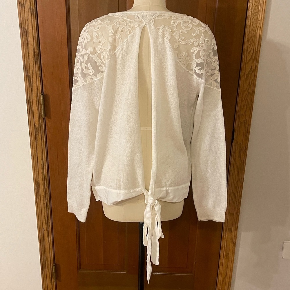 LC Lauren Conrad White Open-Back Crew Sweater with Lace Yoke
